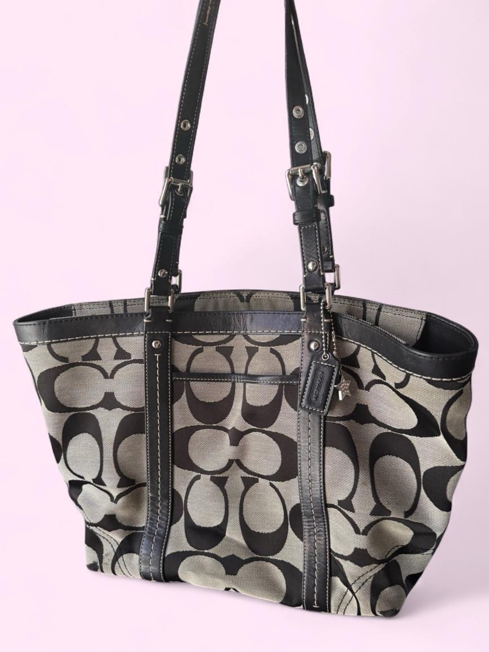Coach Grey & Black Logo Canvas Tote
